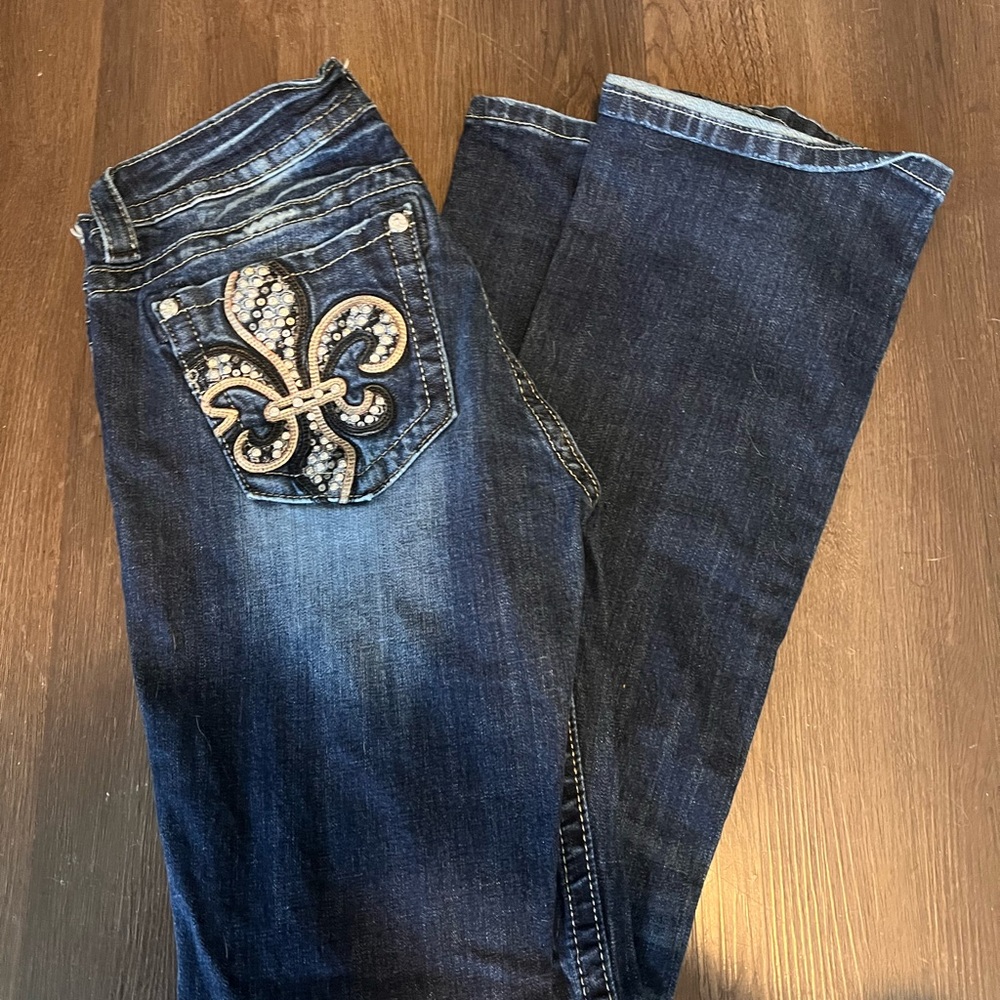 Miss Me Dark Blue Boot Cut Jeans with Embellished Fleur-de-Lis
